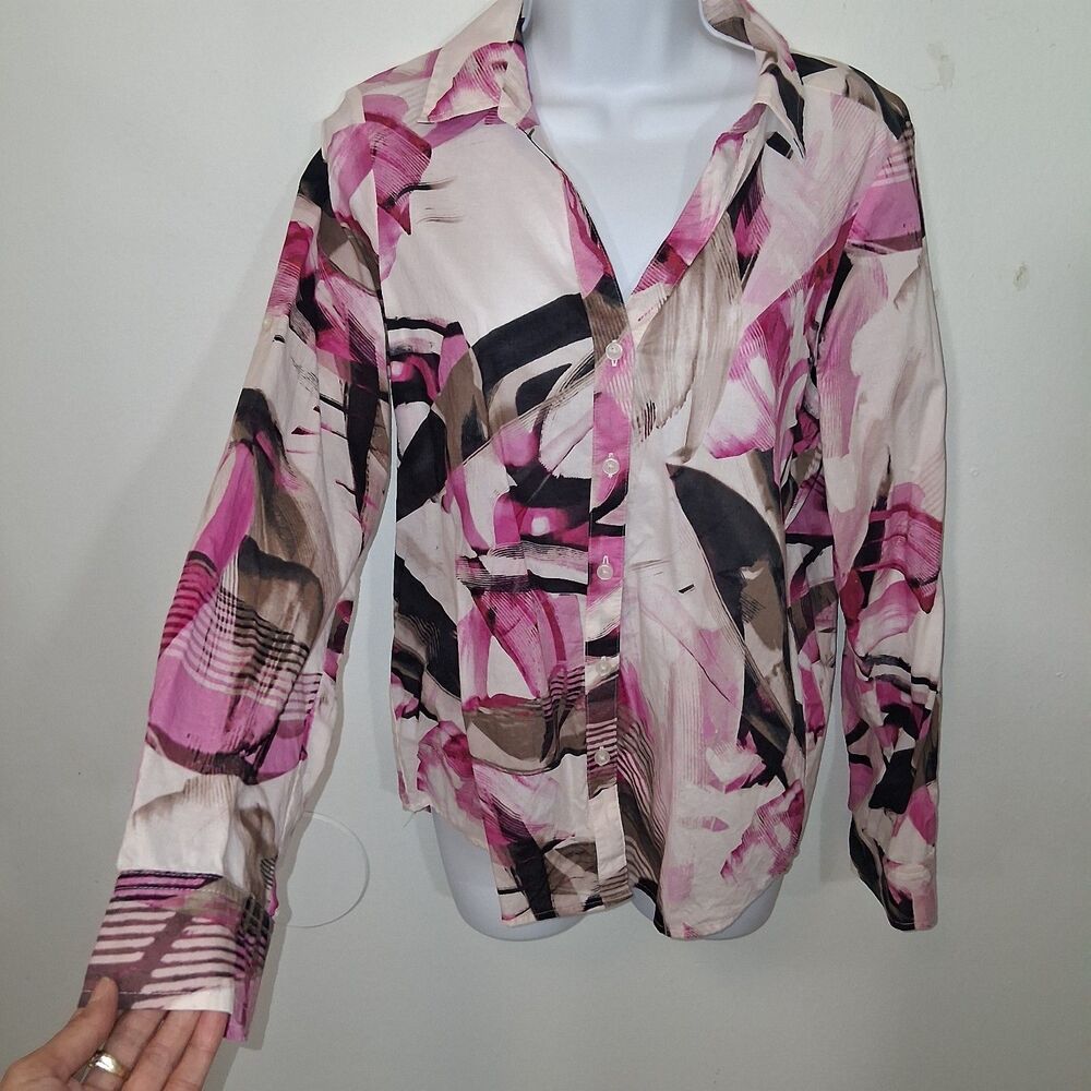 100% Cotton Button Down Button Blouse Sz S Abstract Art Wacky Sophisticated